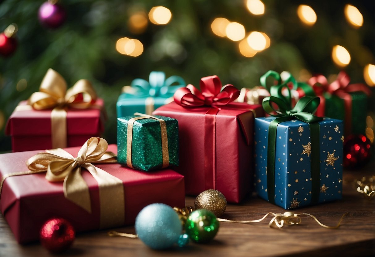Colorful gifts arranged on a festive table, with tags and ribbons, surrounded by twinkling lights and greenery