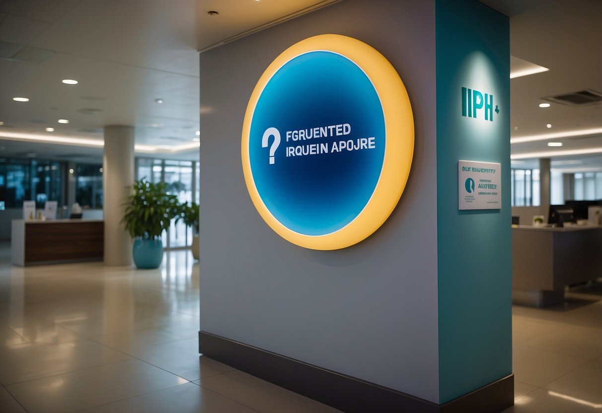 A colorful sign with "Frequently Asked Questions" displayed prominently at an IHh Healthcare Singapore facility