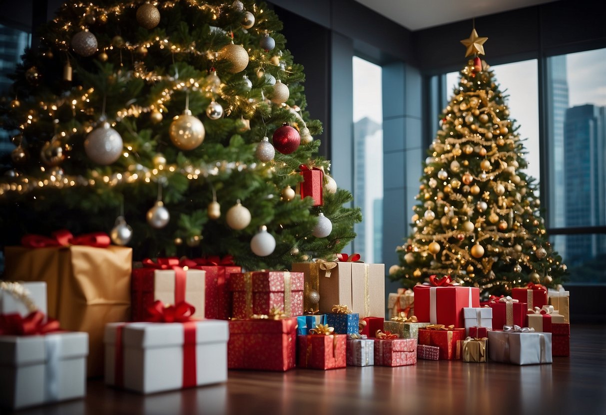 A festive Christmas tree surrounded by various gift options, with a sign reading "Frequently Asked Questions Christmas present ideas Singapore" displayed prominently