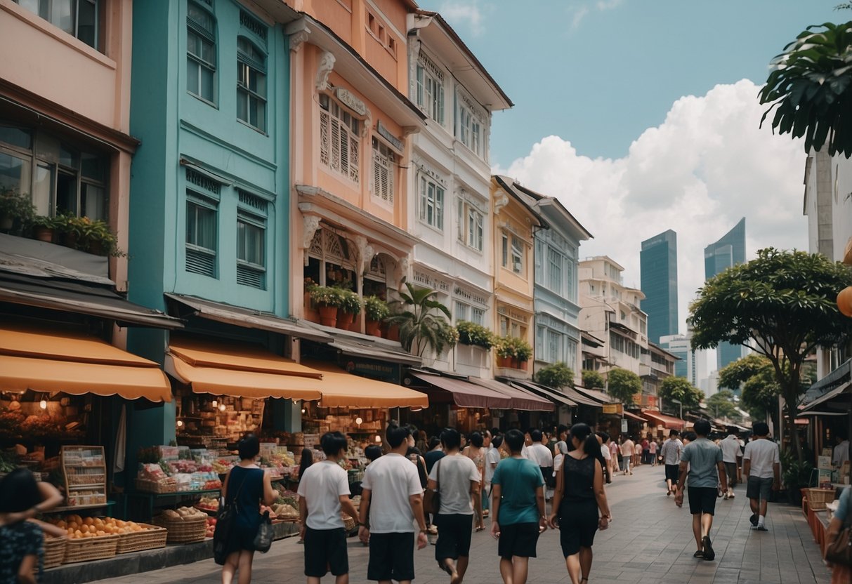 A bustling street in Singapore with colorful shopfronts and bustling activity