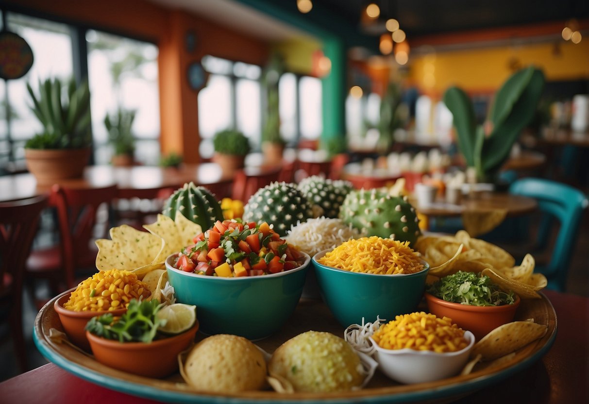 Colorful Mexican restaurant in Singapore, with vibrant decor and traditional music. Tables adorned with cacti and sombreros, while the aroma of spicy cuisine fills the air