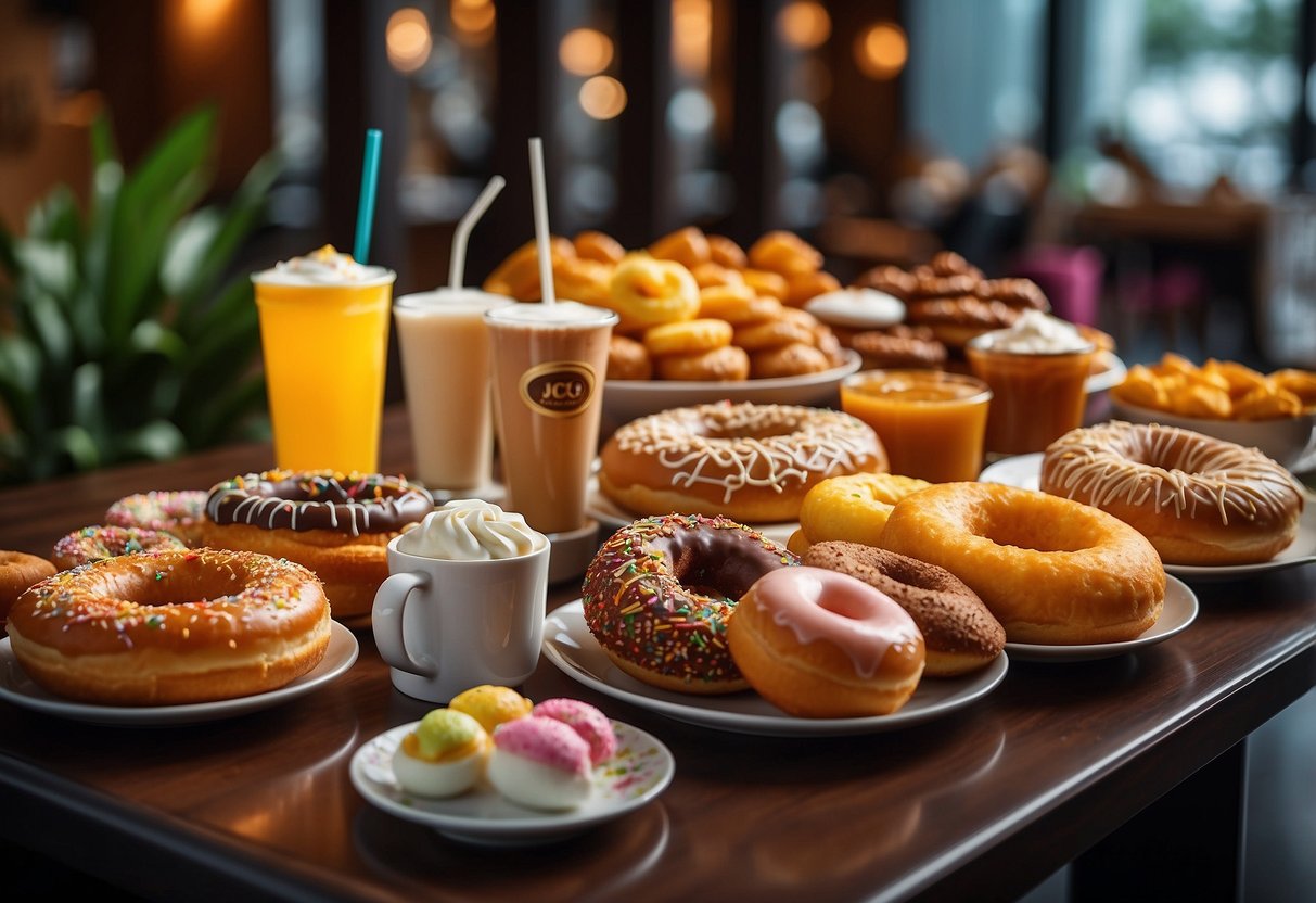 A table adorned with a variety of colorful and delicious JCO Singapore signature offerings, including donuts, pastries, and beverages