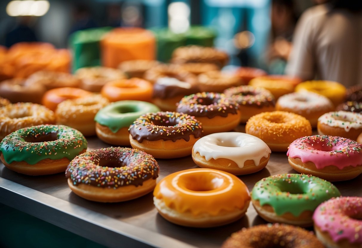 A colorful array of JCO donuts and vibrant packaging, with a bustling crowd in the background at a JCO Singapore location