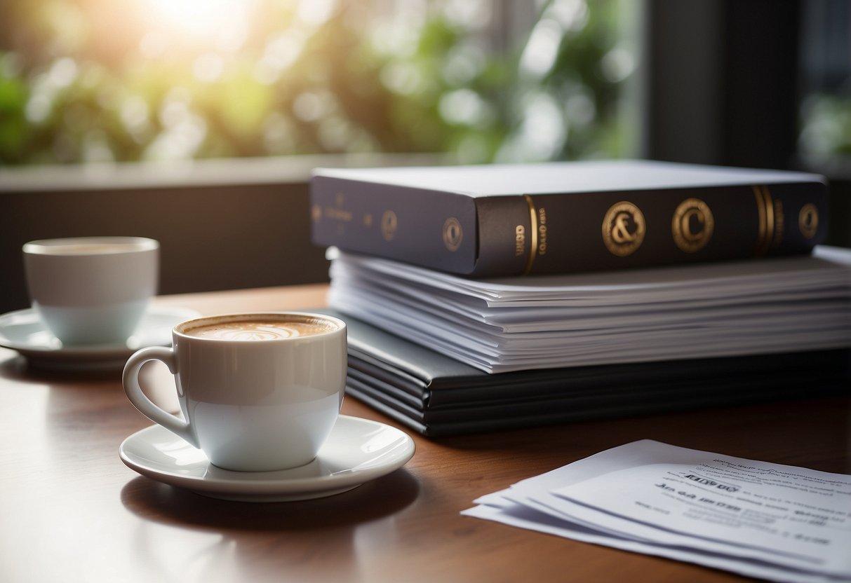 A stack of FAQ sheets with the JCO Singapore logo, surrounded by a laptop, pen, and coffee cup