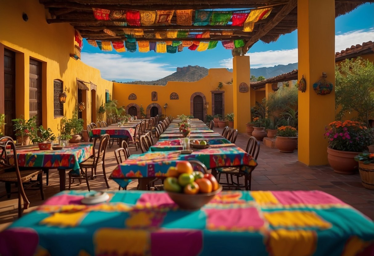 Colorful interior, with vibrant murals of Mexican landscapes. Tables adorned with traditional Mexican pottery and vibrant tablecloths. A mariachi band plays lively music in the background