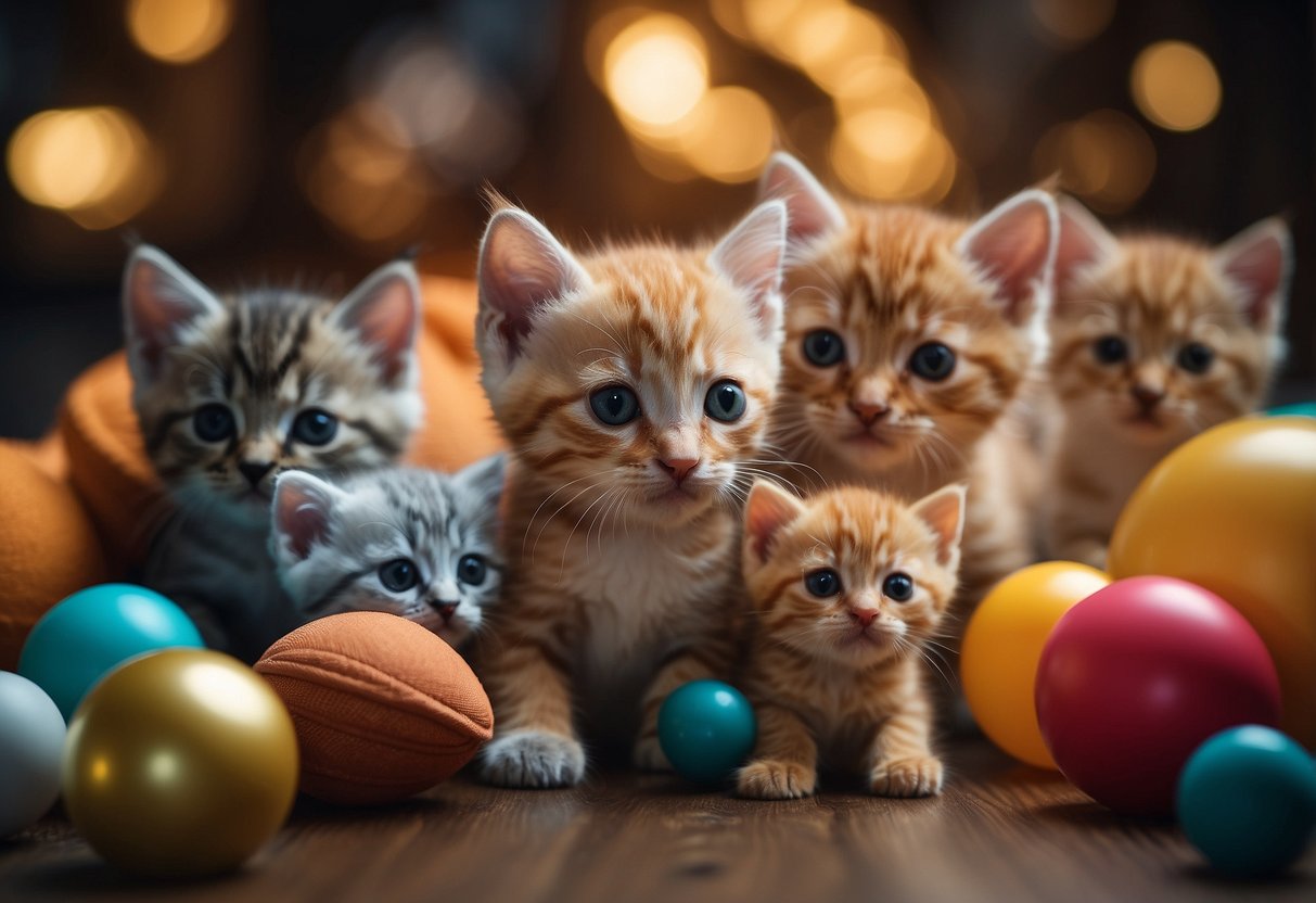 Several playful kittens are displayed in a cozy setting with colorful toys and accessories, ready for sale in Singapore