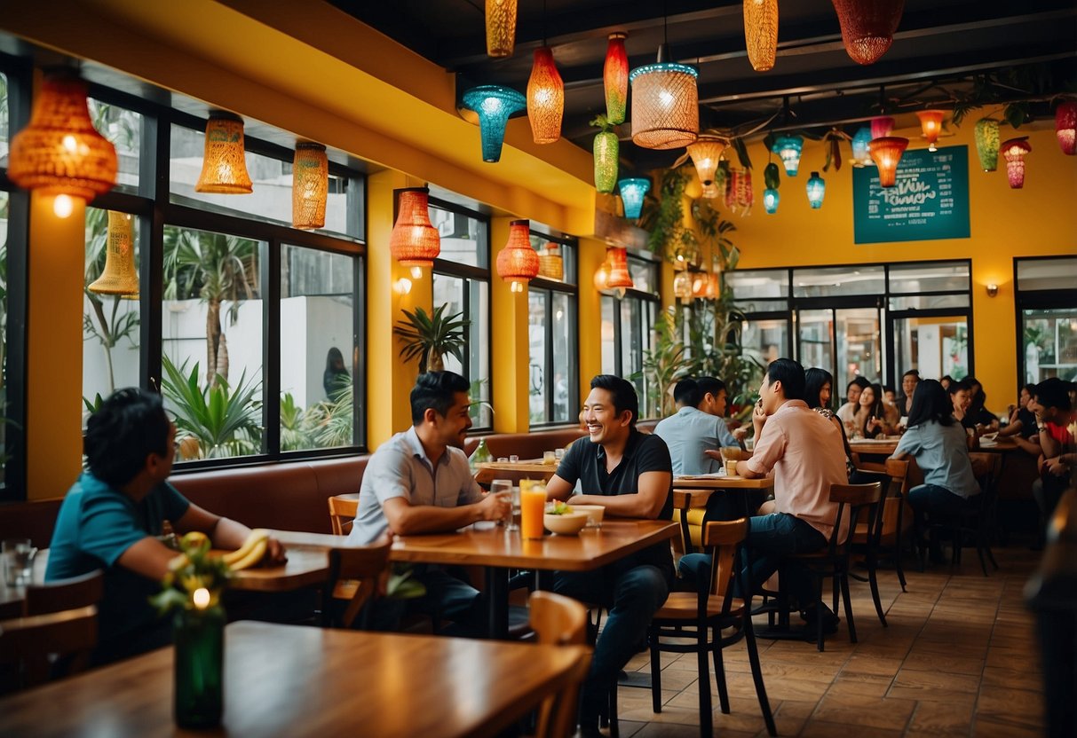 A bustling Mexican restaurant in Singapore with colorful decor, lively music, and a variety of customers enjoying their meals