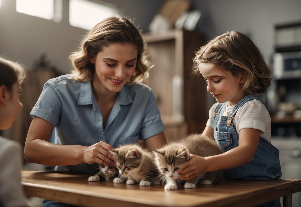 A family carefully selects a kitten from a litter, while a responsible breeder ensures proper documentation and care