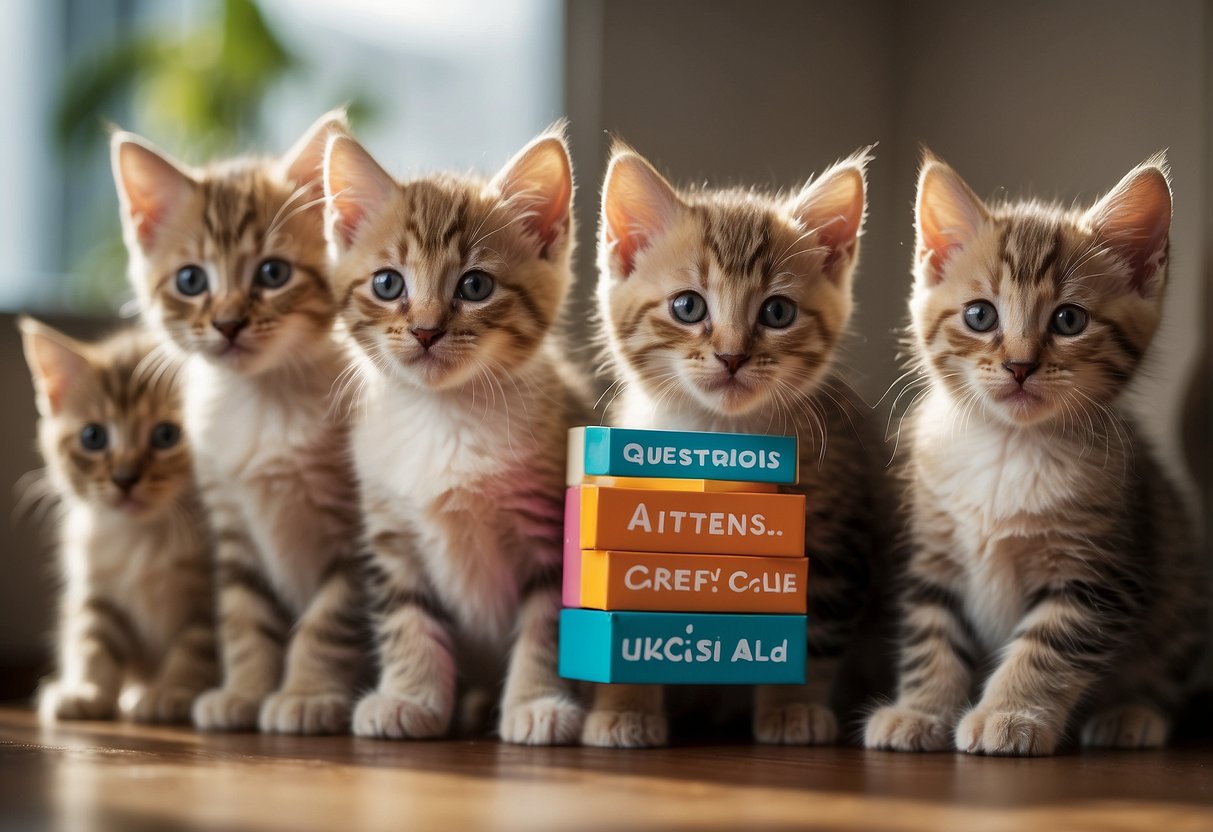 A litter of adorable kittens playing in a cozy, sunlit room with colorful toys and a sign that reads "Frequently Asked Questions: kittens for sale Singapore."