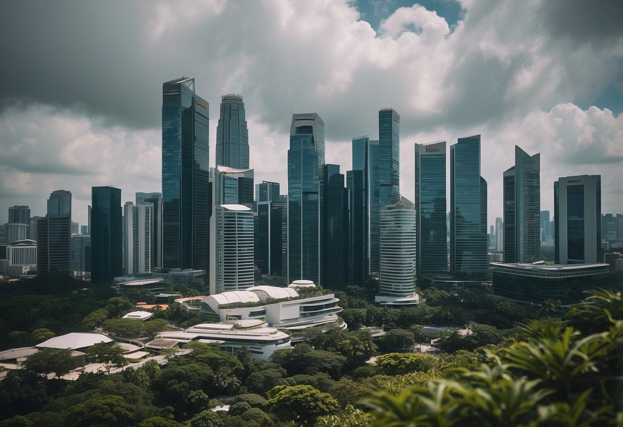 A bustling cityscape with iconic skyscrapers and lush greenery, showcasing the modern and vibrant atmosphere of LawNet Singapore