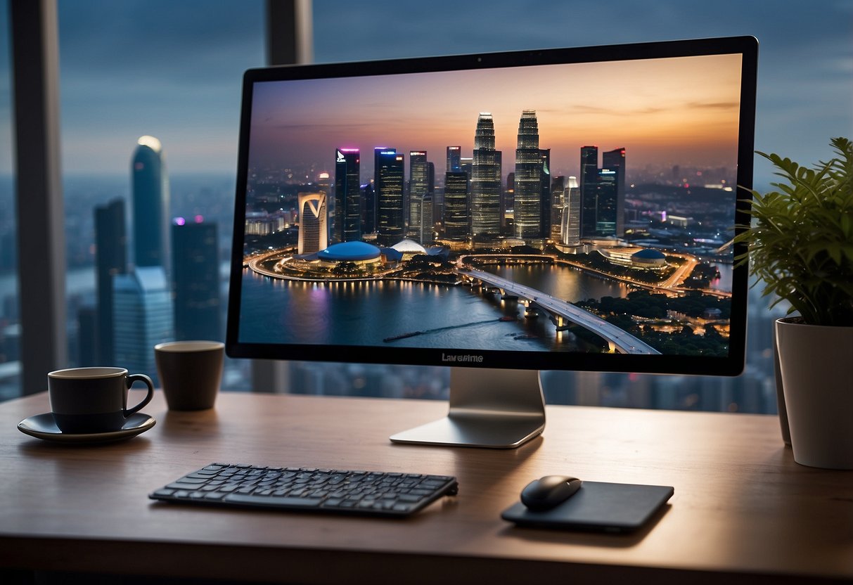 A computer screen displaying the LawNet platform with the Singapore skyline in the background, showcasing the digital interface for legal professionals