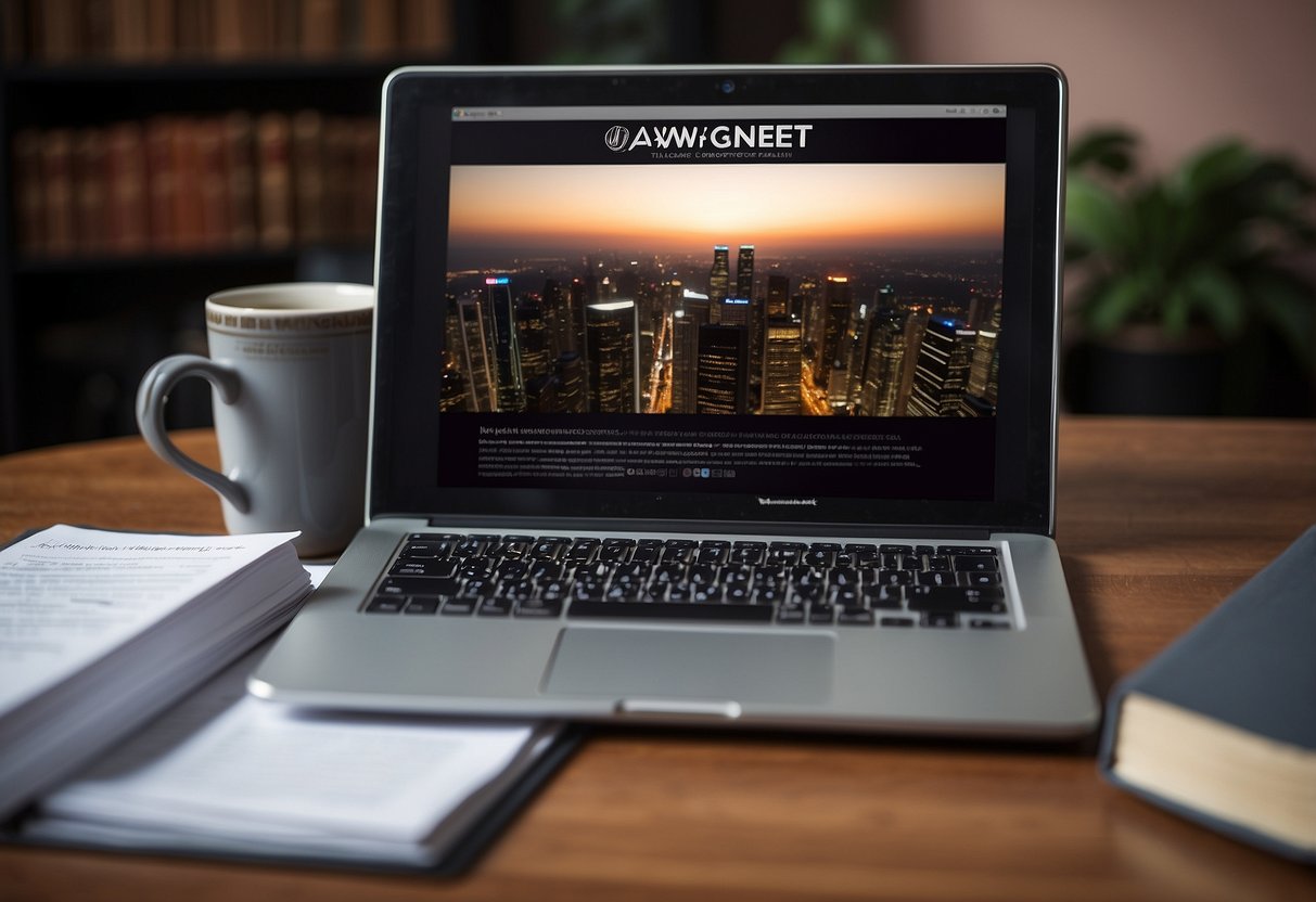 A laptop displaying the LawNet Singapore website, surrounded by legal research books and documents