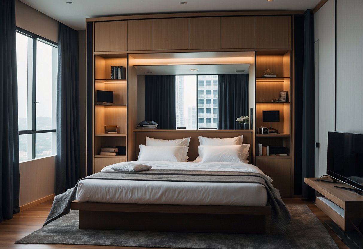 A room in Singapore with multiple murphy beds unfolded and showcased