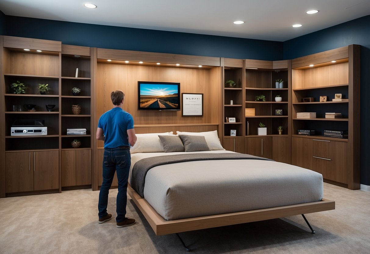 A customer browsing through a variety of Murphy beds in a showroom, examining different designs and features
