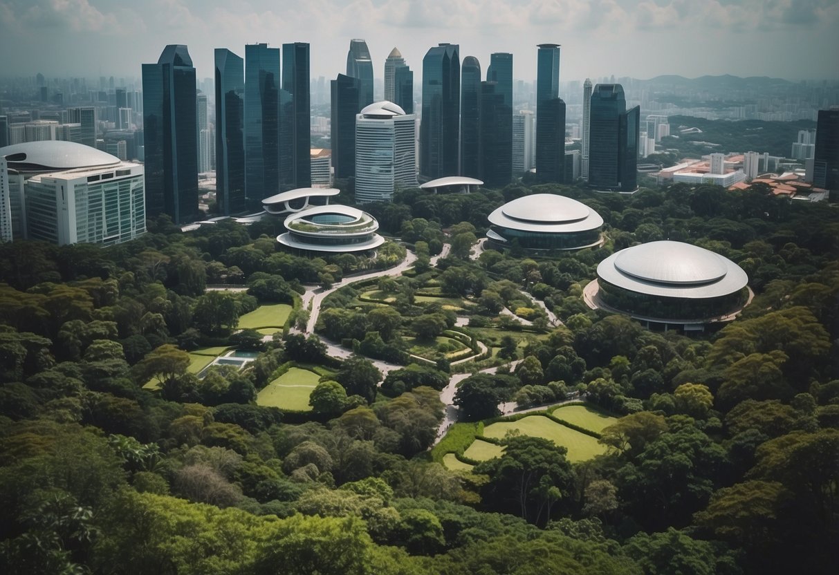 A bustling cityscape with iconic landmarks, modern skyscrapers, and lush greenery, capturing the vibrant energy of Singapore