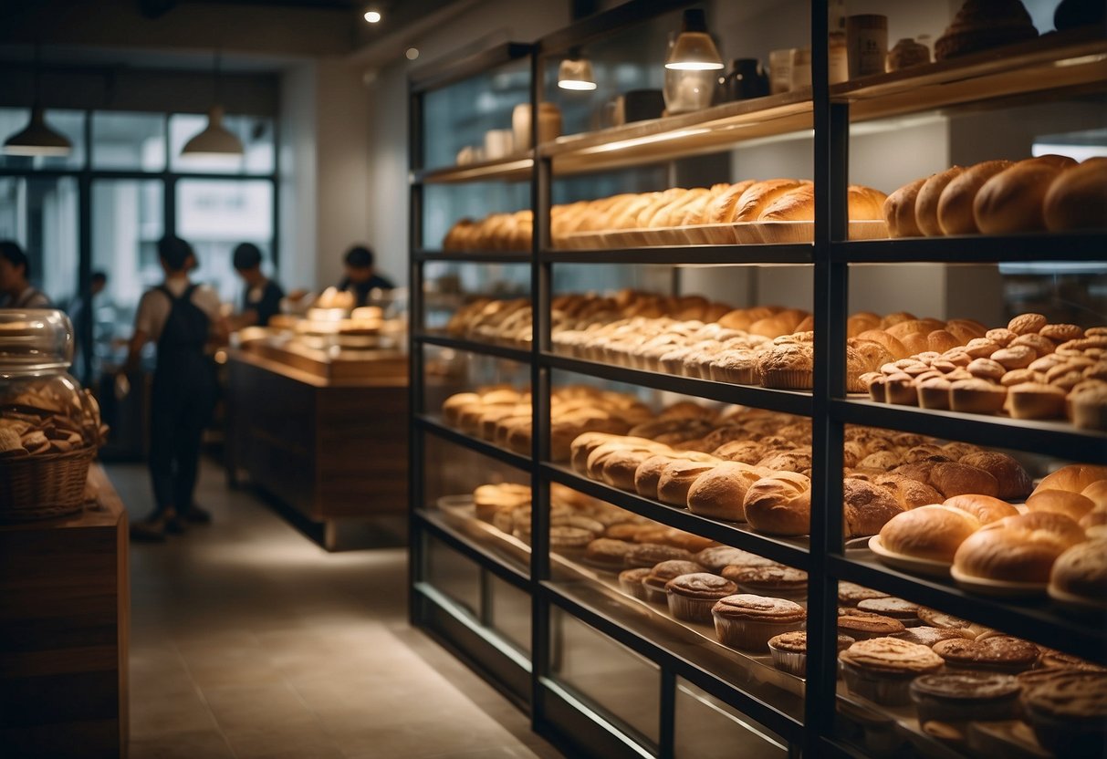 A bustling bakery filled with colorful ingredients, busy bakers, and the aroma of freshly baked goods at Bake With Yen Singapore