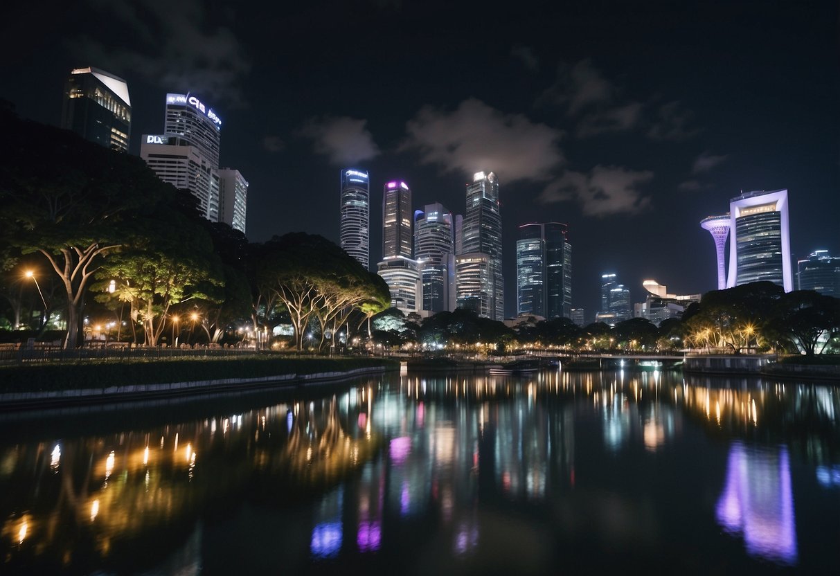 The bustling streets of Singapore surround the tranquil billabong, reflecting the city's vibrant energy in its calm waters