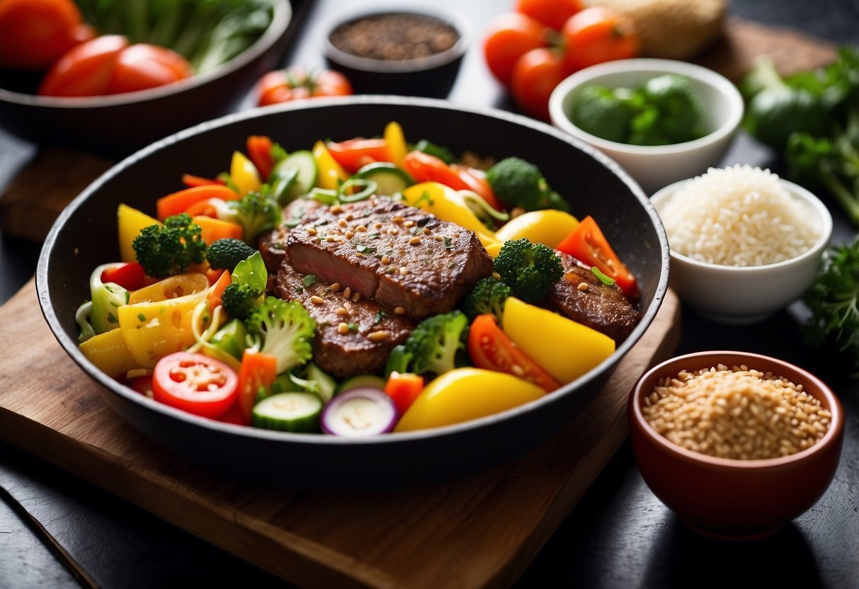 A sizzling hot plate of Boeuf Singapore, surrounded by vibrant vegetables and aromatic spices, emanates a tantalizing aroma