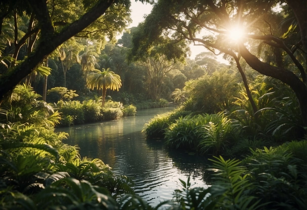A lush green landscape with a winding river, surrounded by exotic flora and fauna. The sun shines down, casting dappled shadows on the water