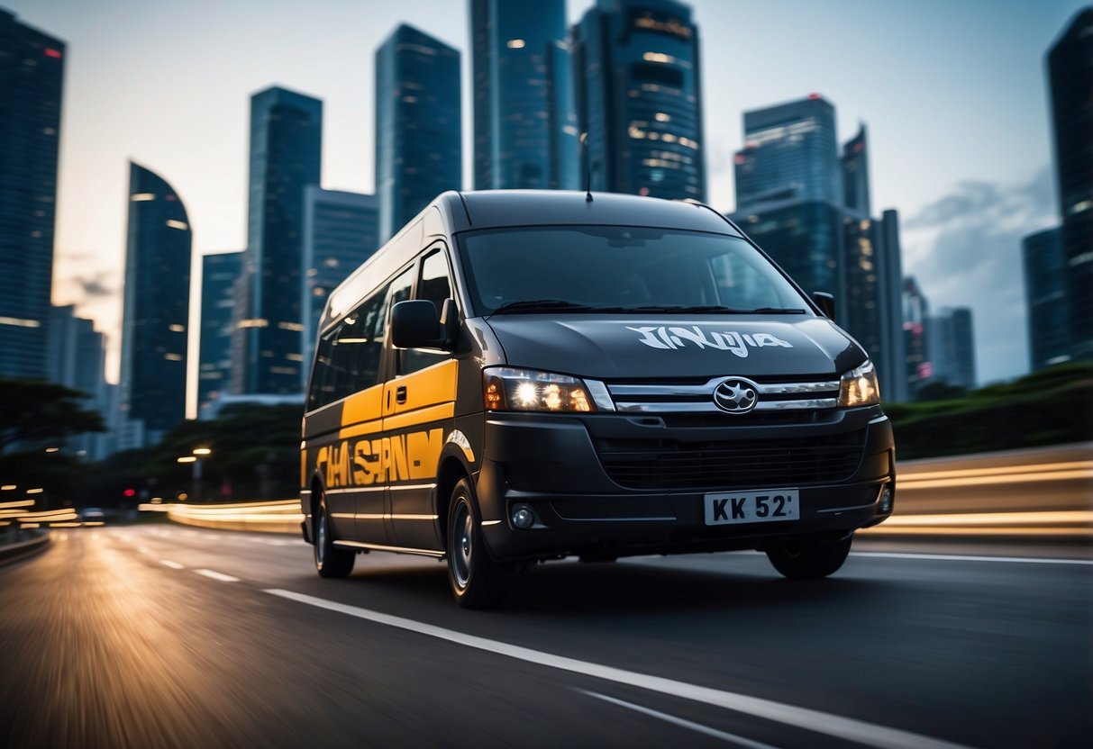 A ninja van speeds through the streets of Singapore, its logo prominent on the side. The city skyline looms in the background