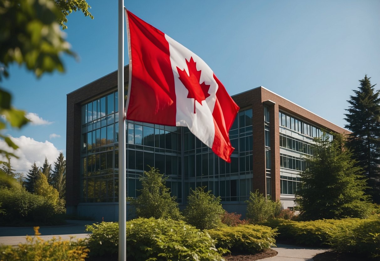 A modern school building surrounded by lush greenery, with the Canadian flag flying proudly in the foreground