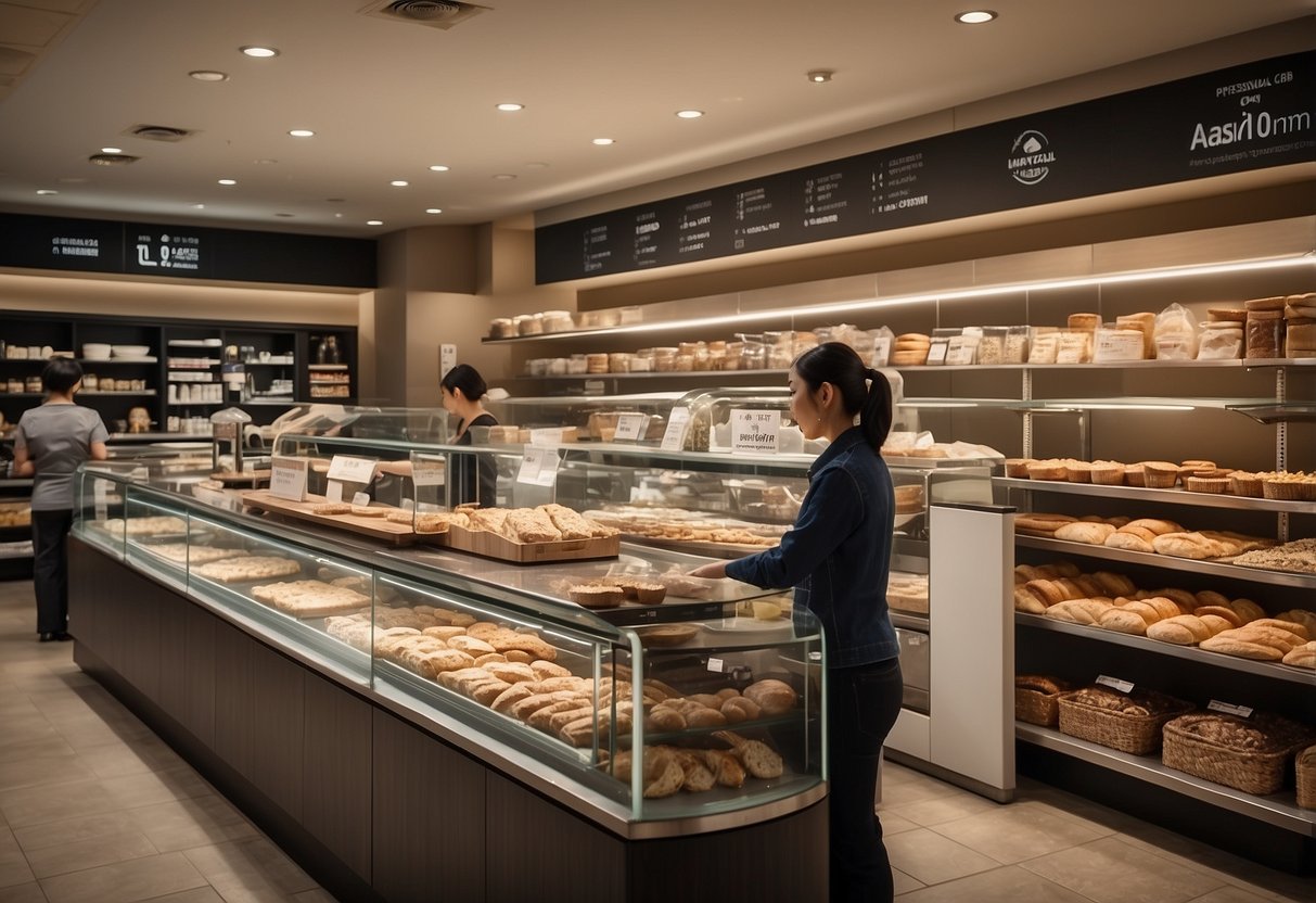 A bustling Bake with Yen outlet with shelves stocked full of baking ingredients and tools. Customers browse the aisles, while staff members assist at the counter