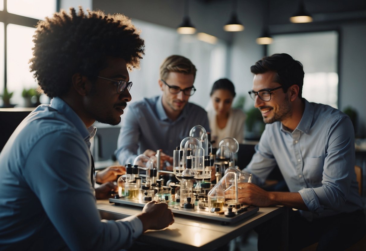 A group of diverse individuals collaborate on a scientific project, each contributing their unique talents and perspectives. The atmosphere is inclusive and supportive, with a focus on innovation and progress