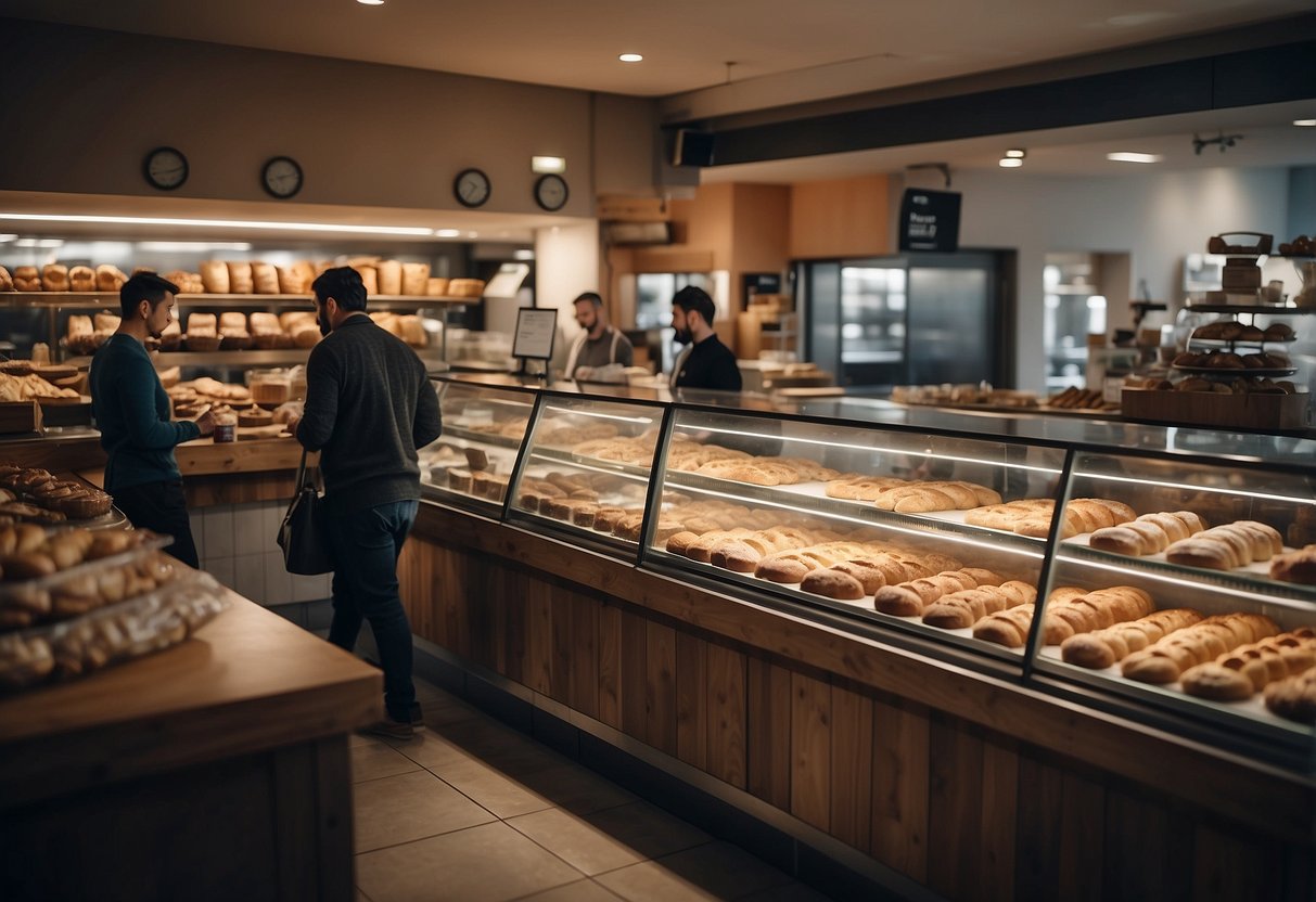 A bustling bakery filled with customers selecting from a wide array of freshly baked goods and friendly staff assisting with their purchases