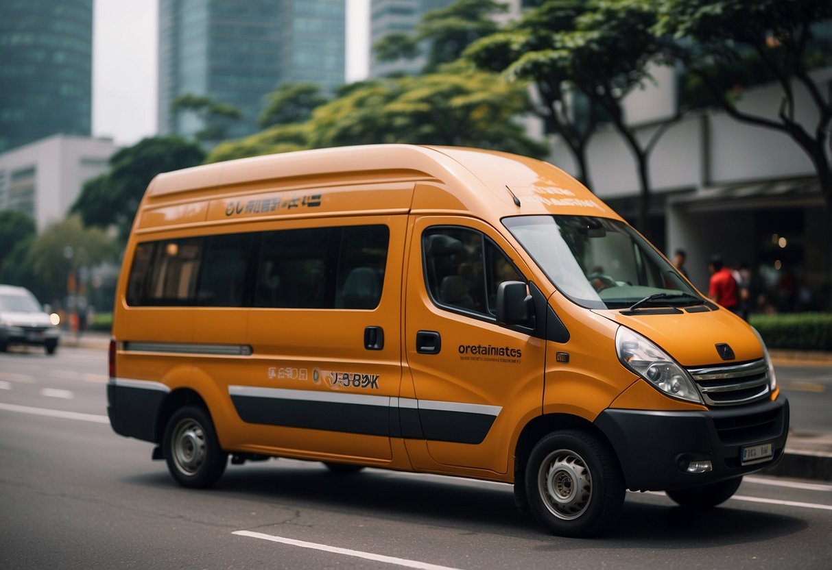 A NinjaVan delivery van navigating through the bustling streets of Singapore, with its tracking system displayed on the dashboard