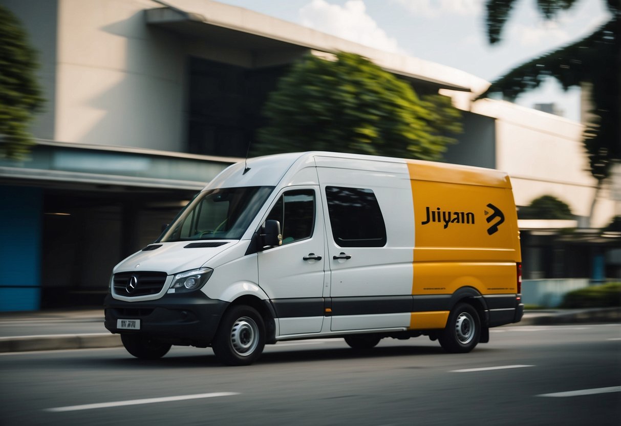 A delivery van speeds away from a bustling warehouse, carrying a parcel labeled with "Ninjavan tracking Singapore."