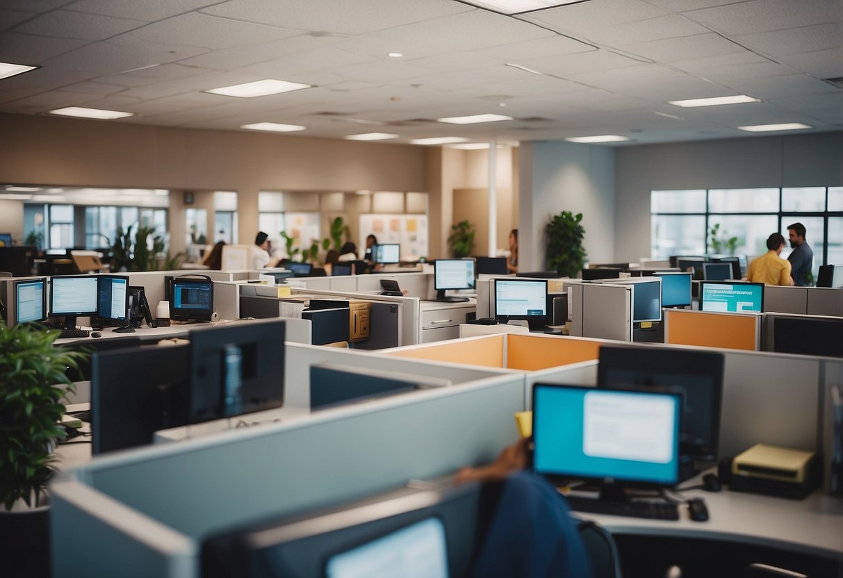 A bright, modern office setting with a prominent "Frequently Asked Questions" sign in the foreground, surrounded by busy employees and customers seeking assistance