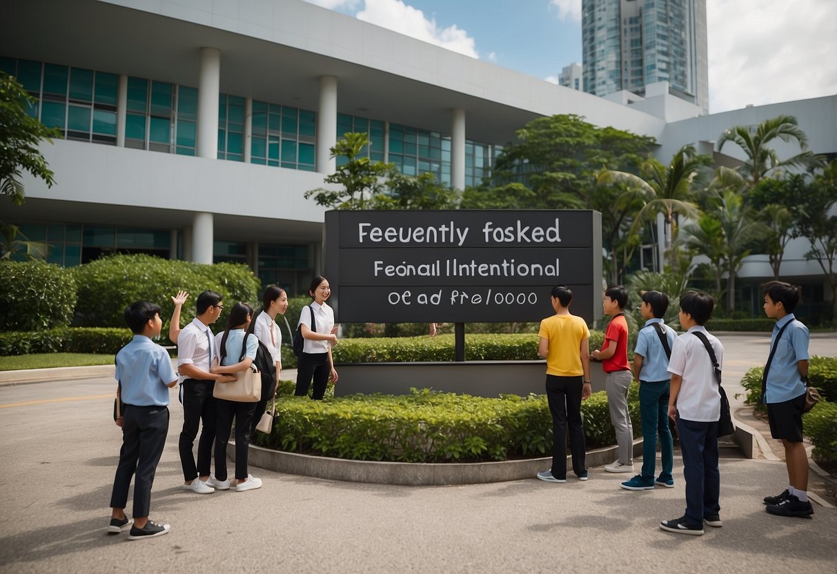Students gather around a signboard with "Frequently Asked Questions" at Canadian International School, Singapore. The school building and a Canadian flag are visible in the background