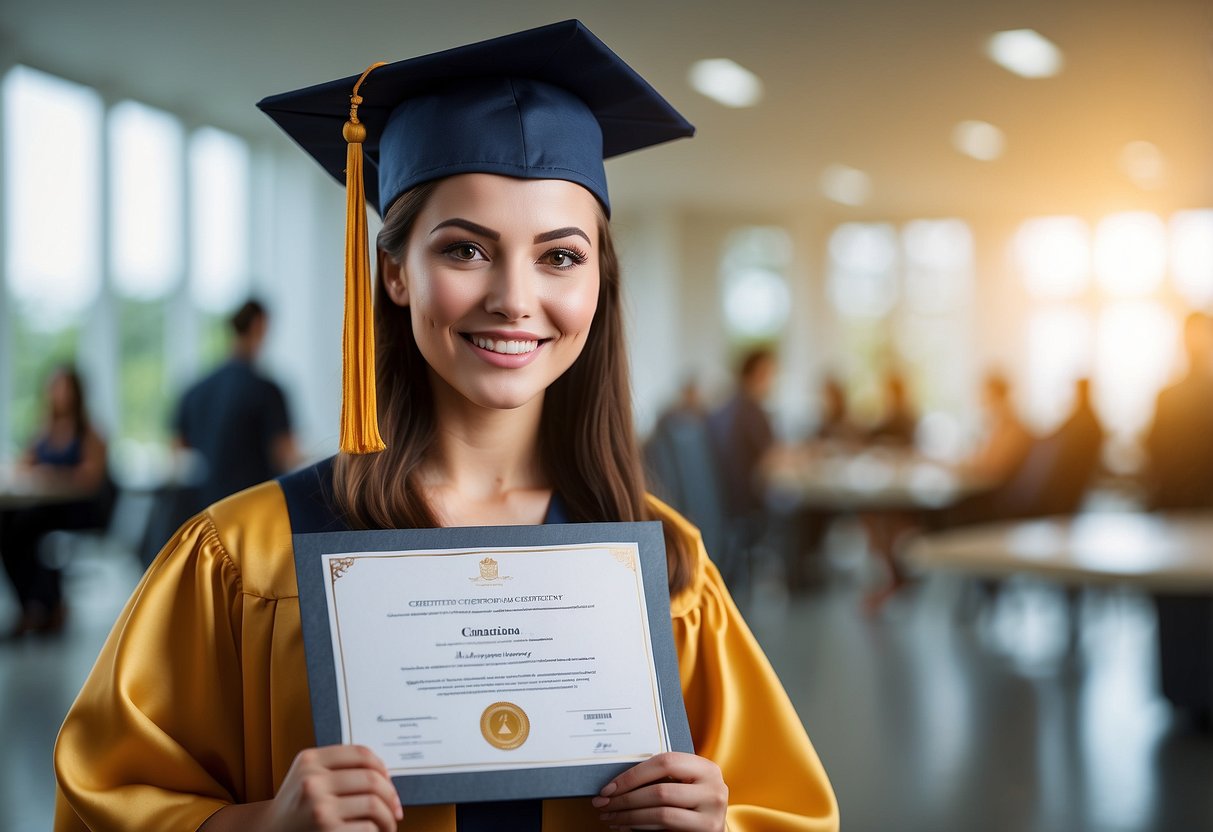 A graduate holding a master's degree certificate with various career paths and specializations in the background