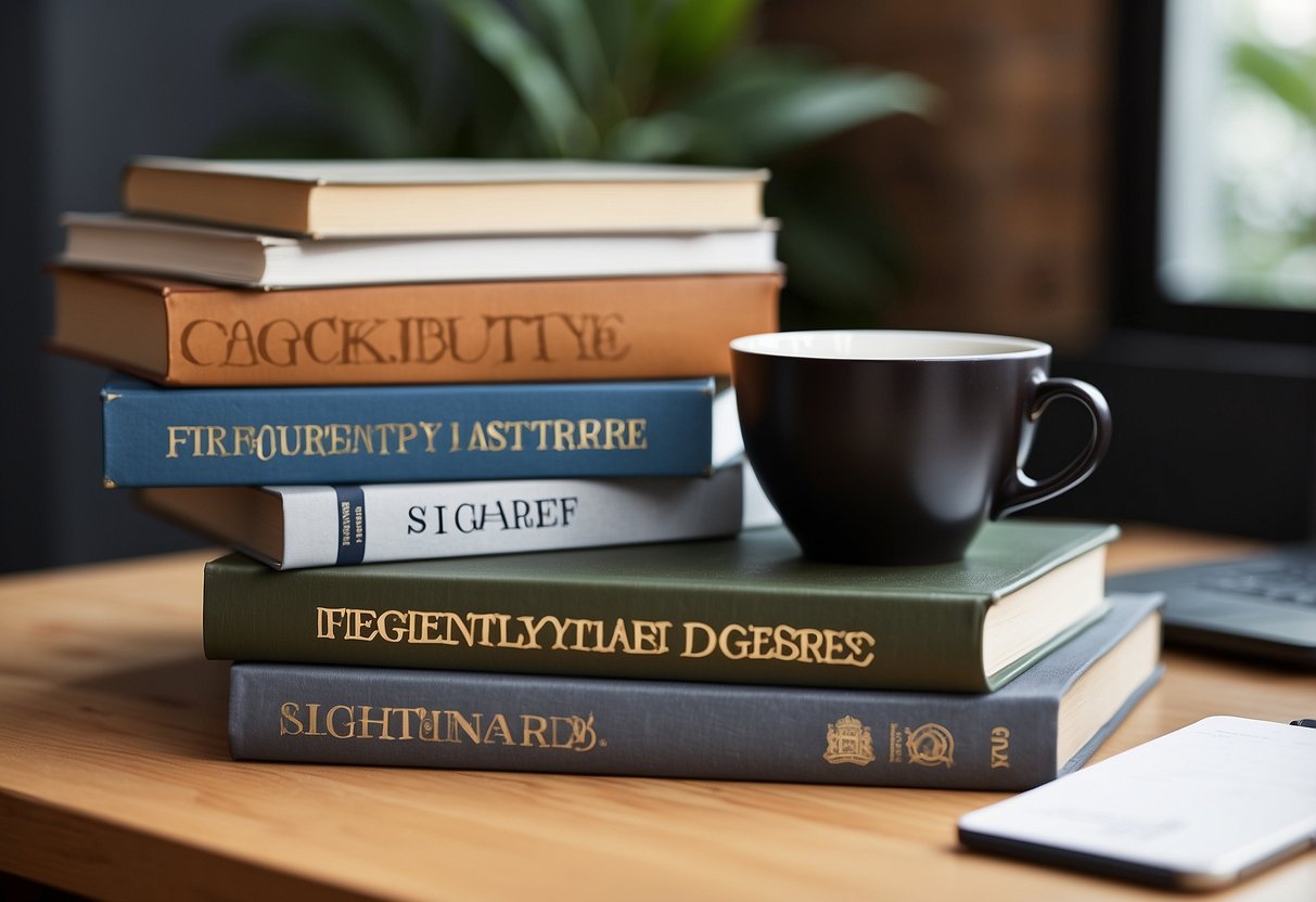 A stack of books with "Frequently Asked Questions Master Degree in Singapore" on a desk, surrounded by a laptop, pen, and notebook