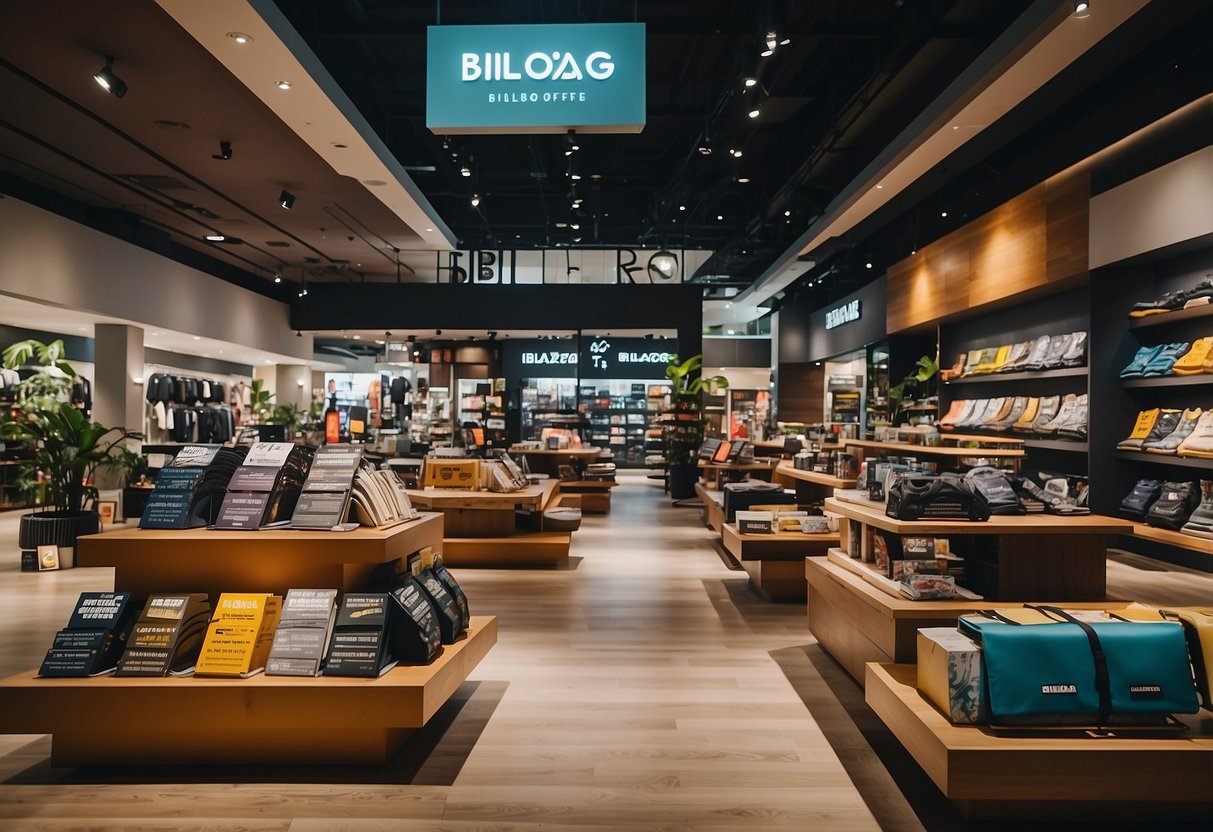 A busy store with colorful displays and bold signage promoting discounts and special offers at Billabong Singapore