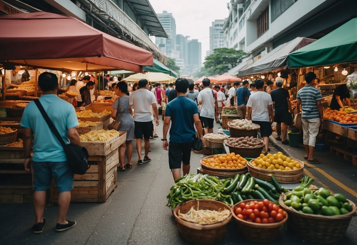 A bustling outdoor market in Singapore, filled with colorful stalls and exotic aromas, as people explore the vibrant Boeuf Singapore district
