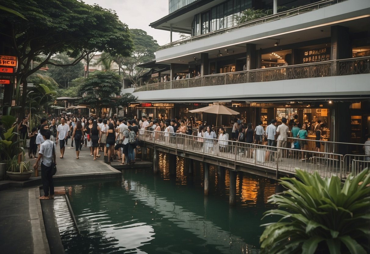 A bustling billabong in Singapore with people lining up, signs with FAQs, and a vibrant atmosphere