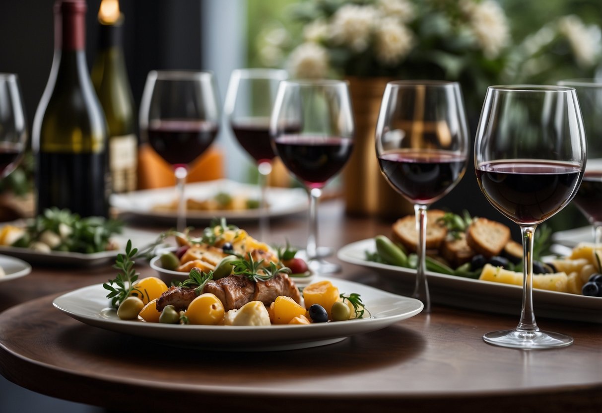 A table set with gourmet dishes and a variety of wine bottles on display