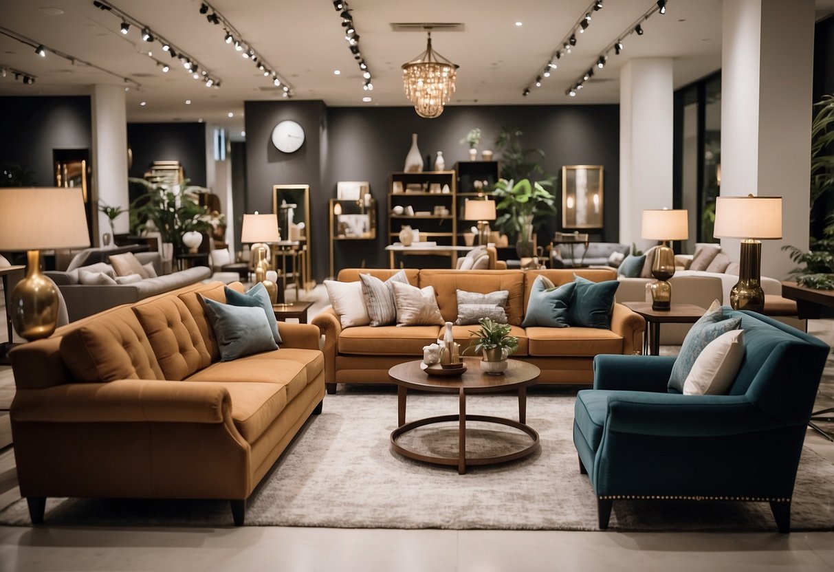 Customers browsing through Mega Furniture's vast collections, admiring the sleek designs and luxurious fabrics. Showroom filled with modern and classic pieces