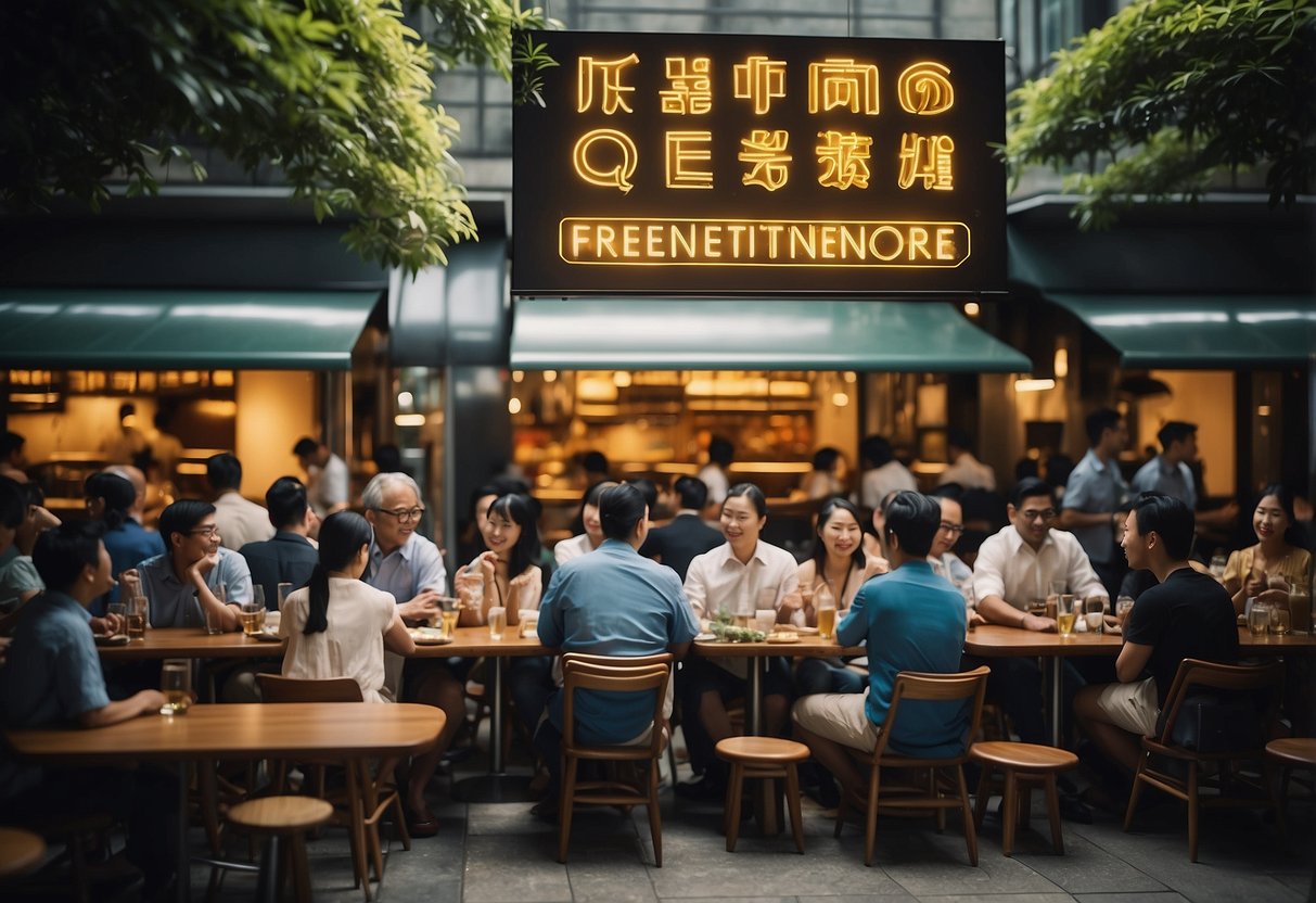 A bustling restaurant with a prominent sign "Frequently Asked Questions boeuf singapore" and a line of people waiting to be seated