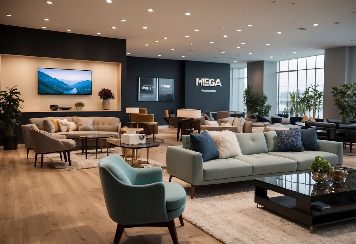A bright, modern furniture showroom with sleek displays and a welcoming atmosphere. The Mega Furniture logo prominently displayed