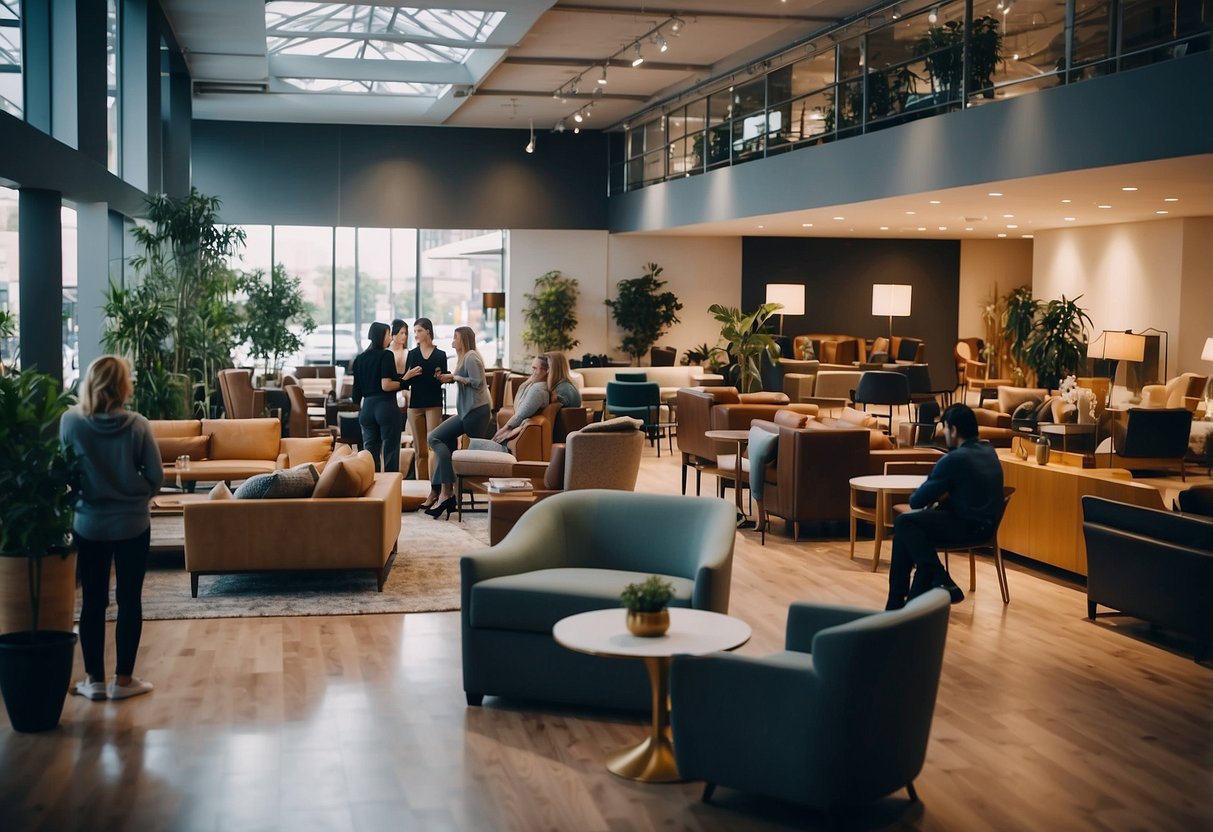 A bustling furniture showroom with customers browsing, staff assisting, and a prominent "Frequently Asked Questions" display