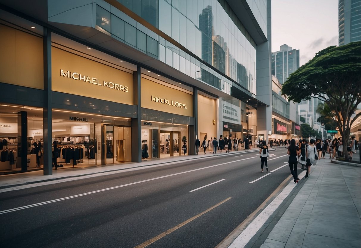 A bustling Singapore street with a vibrant Michael Kors storefront, featuring sleek, modern designs and a chic, cosmopolitan atmosphere