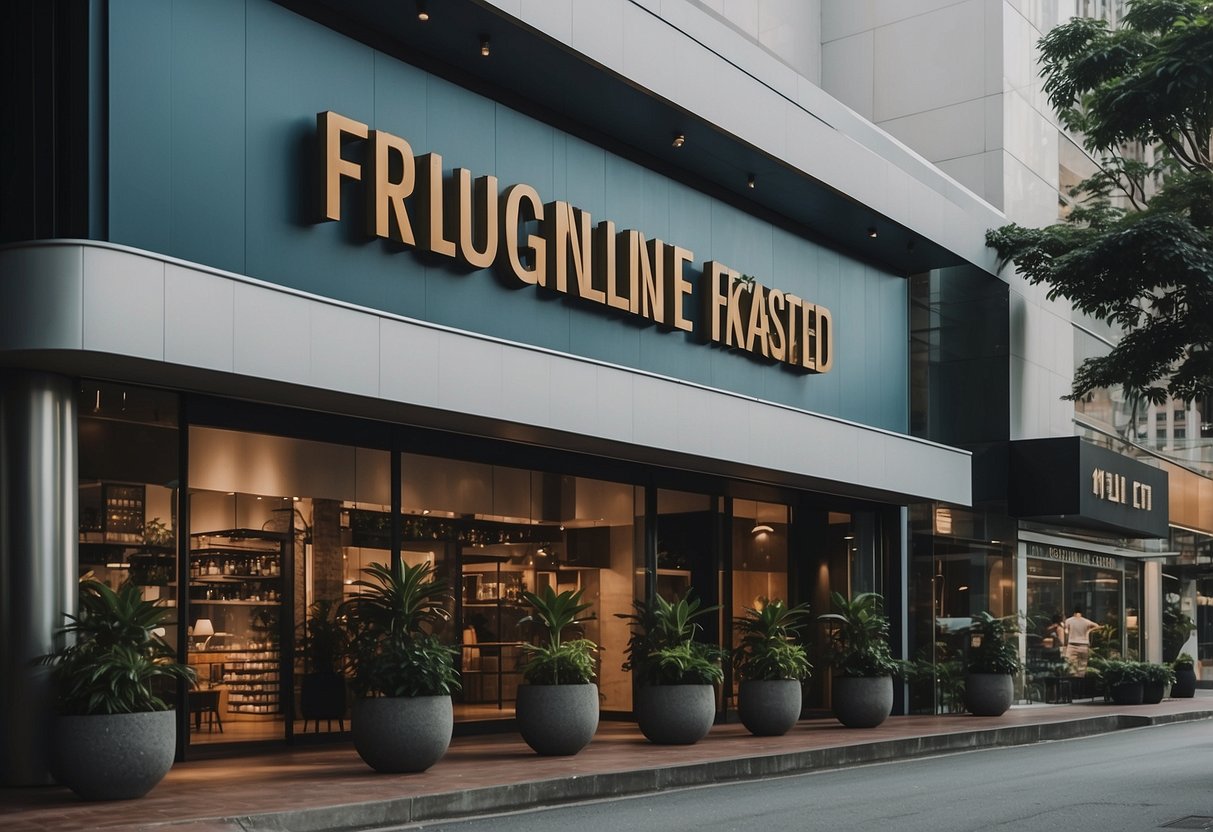 A bustling city street with a prominent sign reading "Frequently Asked Questions mk singapore" above a modern storefront