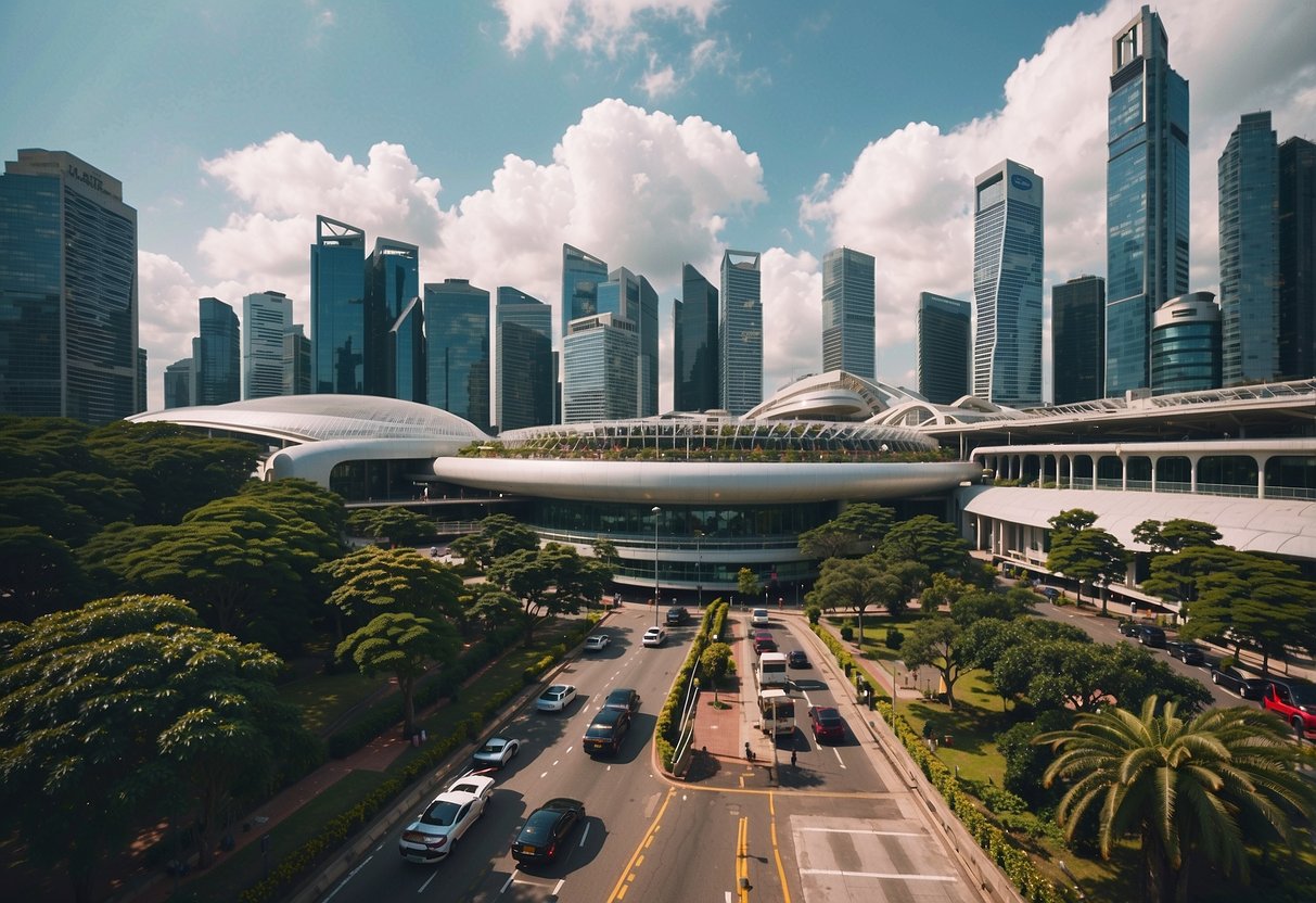 A bustling cityscape of modern architecture and vibrant street life in Singapore, with iconic landmarks and bustling activity