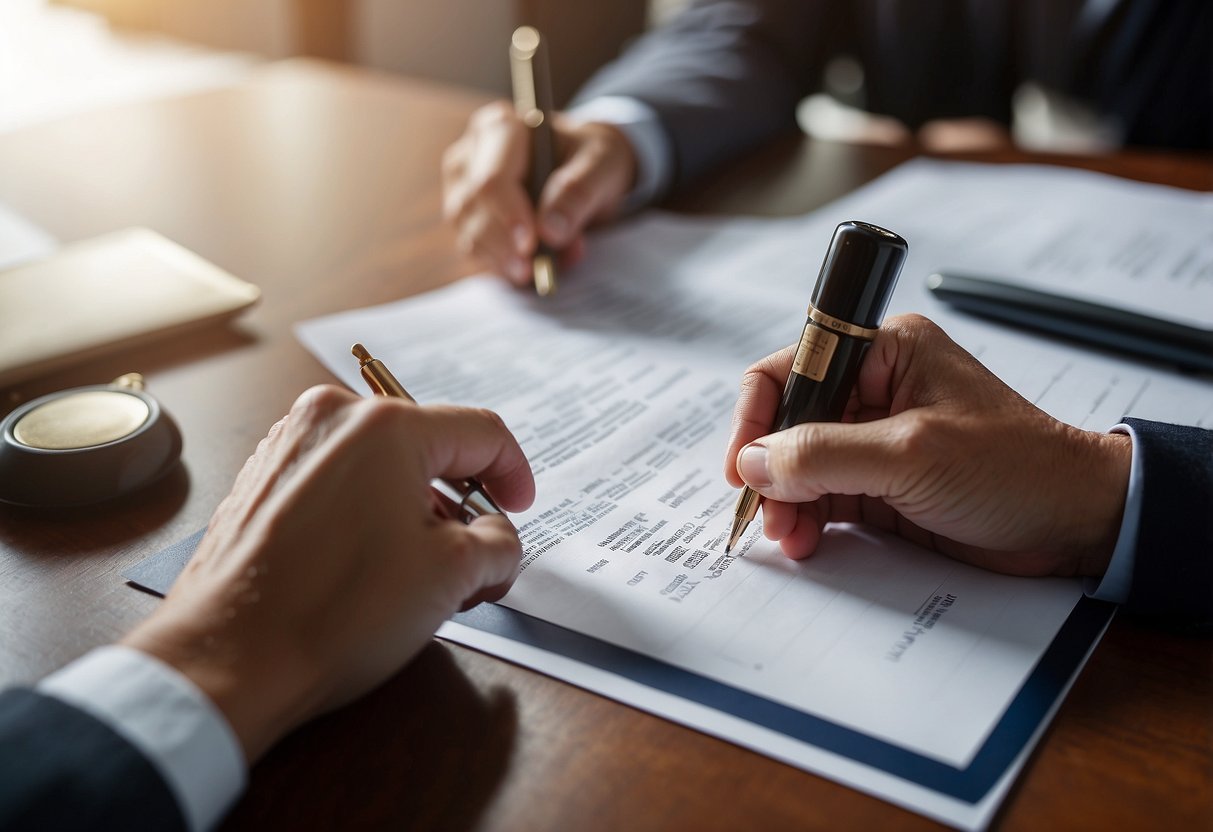 A person signing a legal document with a notary stamp and a lawyer present, representing the process of creating a Lasting Power of Attorney (LPA) in Singapore