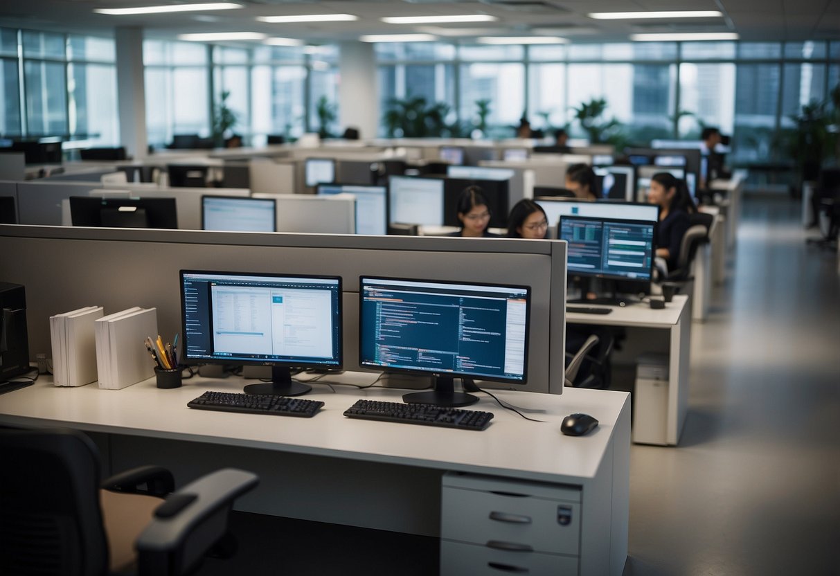 The OPG Operations office in Singapore bustles with activity as staff work diligently at their desks, while others collaborate in meeting rooms. The modern, professional setting exudes a sense of efficiency and dedication