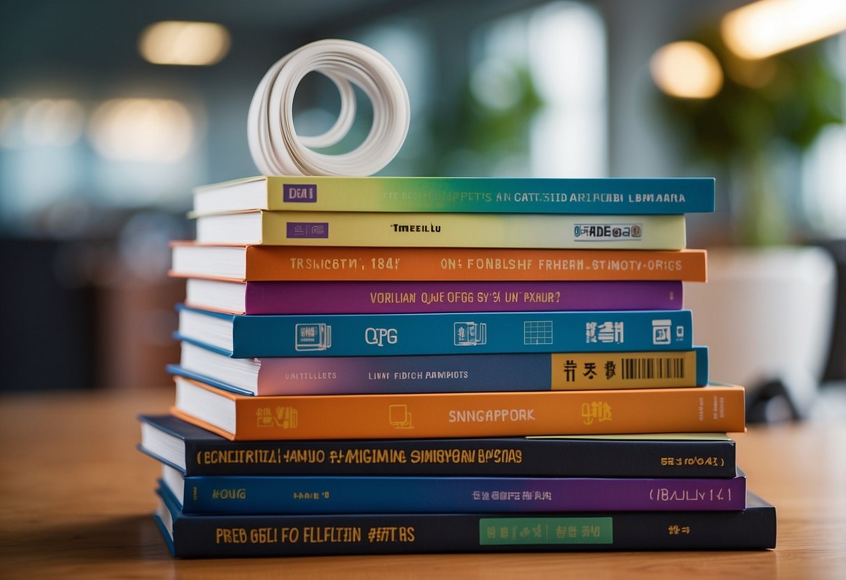 A stack of colorful pamphlets with "Frequently Asked Questions OPG Singapore" printed on the cover, surrounded by a variety of office supplies