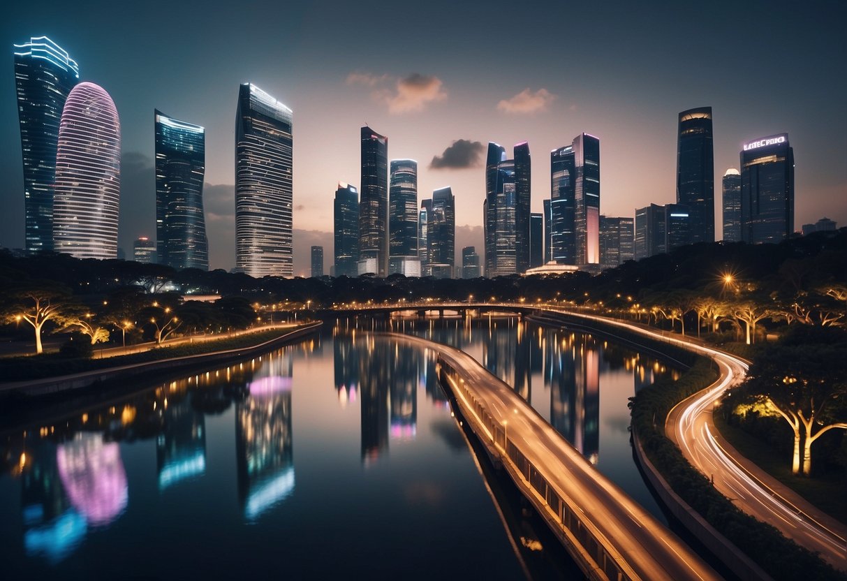 A futuristic cityscape with sleek skyscrapers and a winding river, adorned with vibrant lights and reflections, capturing the essence of UOB Infinity Singapore