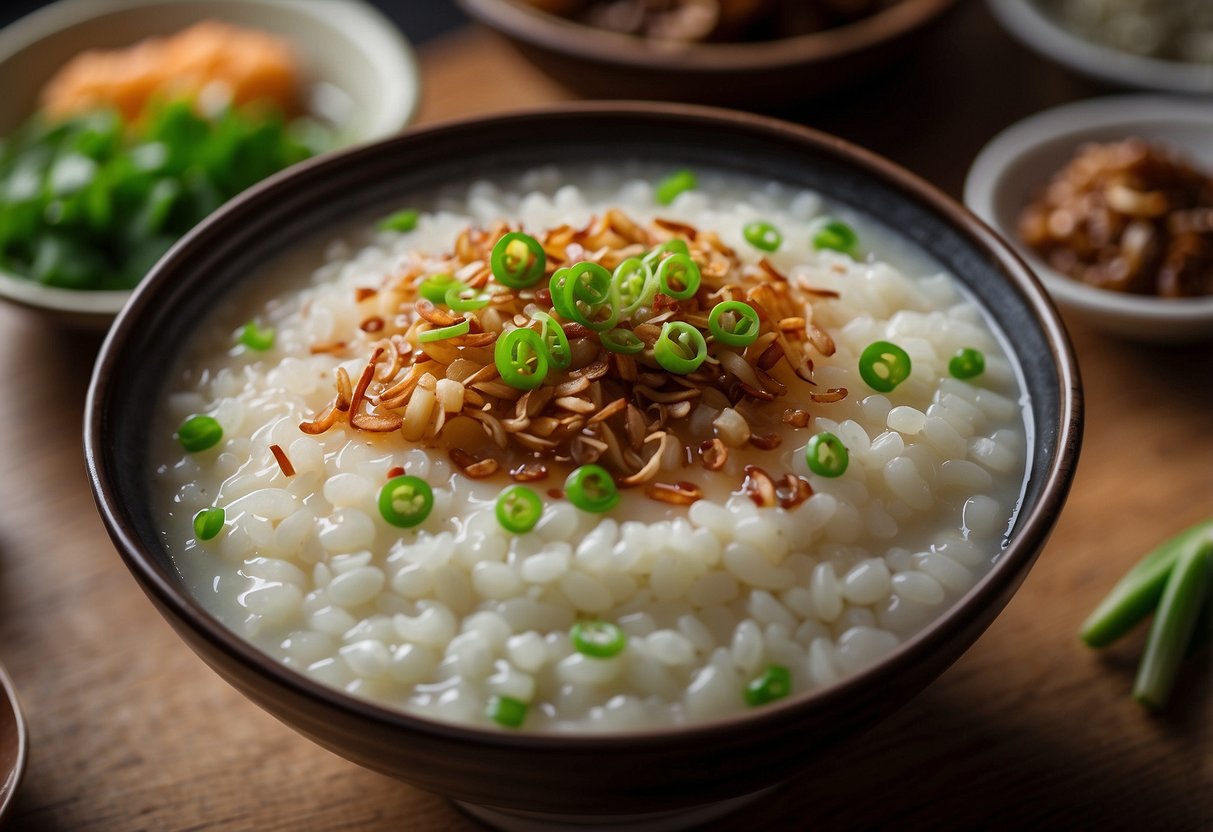 A steaming bowl of fragrant porridge sits on a table in a bustling Singaporean hawker center. The porridge is garnished with fresh spring onions and crispy fried shallots, with a side of soy sauce and sliced red chili